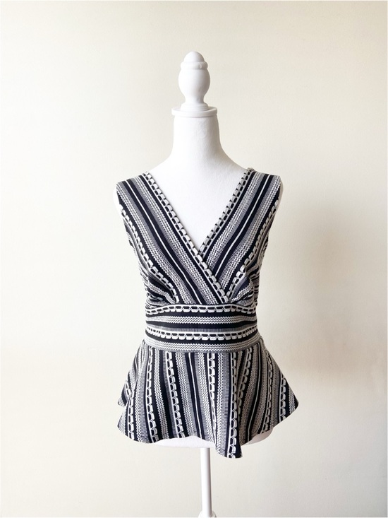 Anthropologie Tops - Anthropologie Black & White Striped V-Neck Peplum Top Size M